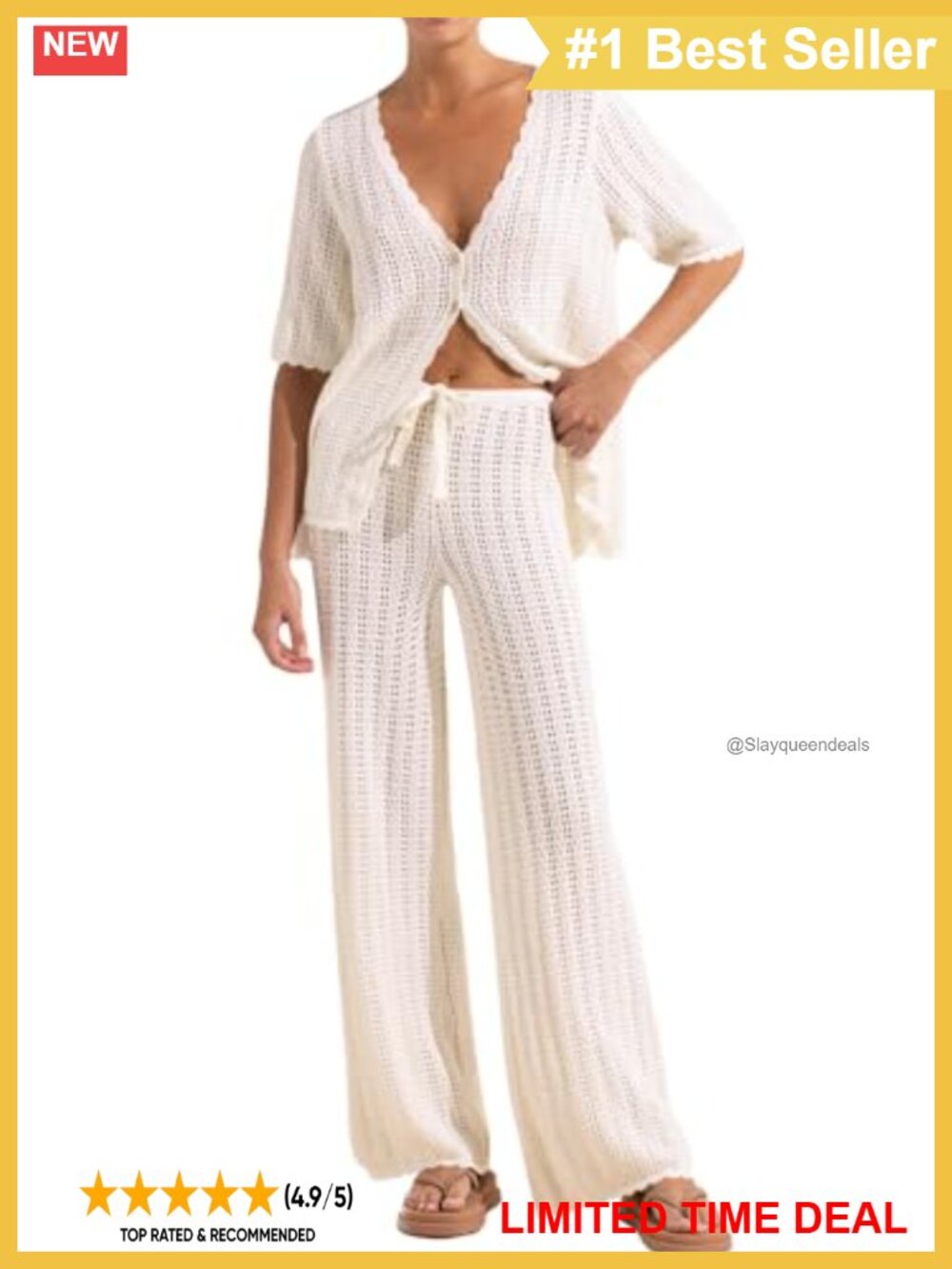 Crochet Knit 2-Piece Swimsuit Cover-Up Set Hollow Out Cardigan & Pants